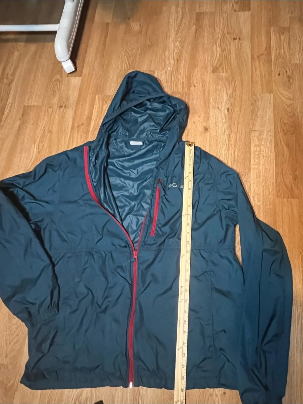 Columbia Navy Hooded Windbreaker with Red Zippers